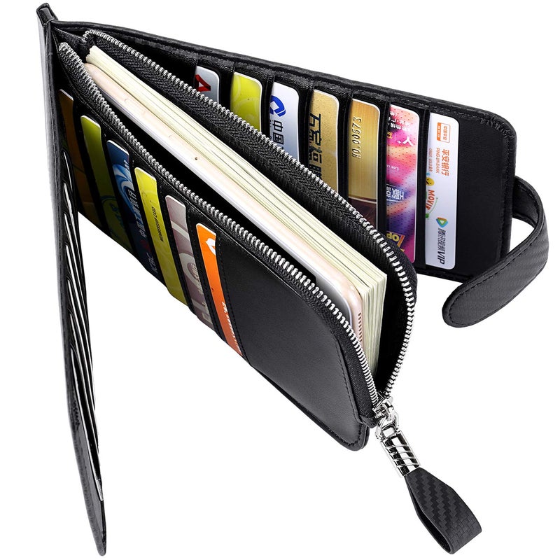 Huztencor Wallets for Men Women Slim RFID Blocking Genuine Leather Credit Card Holder Long Wallets Bifold Billfolds Passport Travel Wallet Checkbook Cover Carbon Fiber Black - Image 5